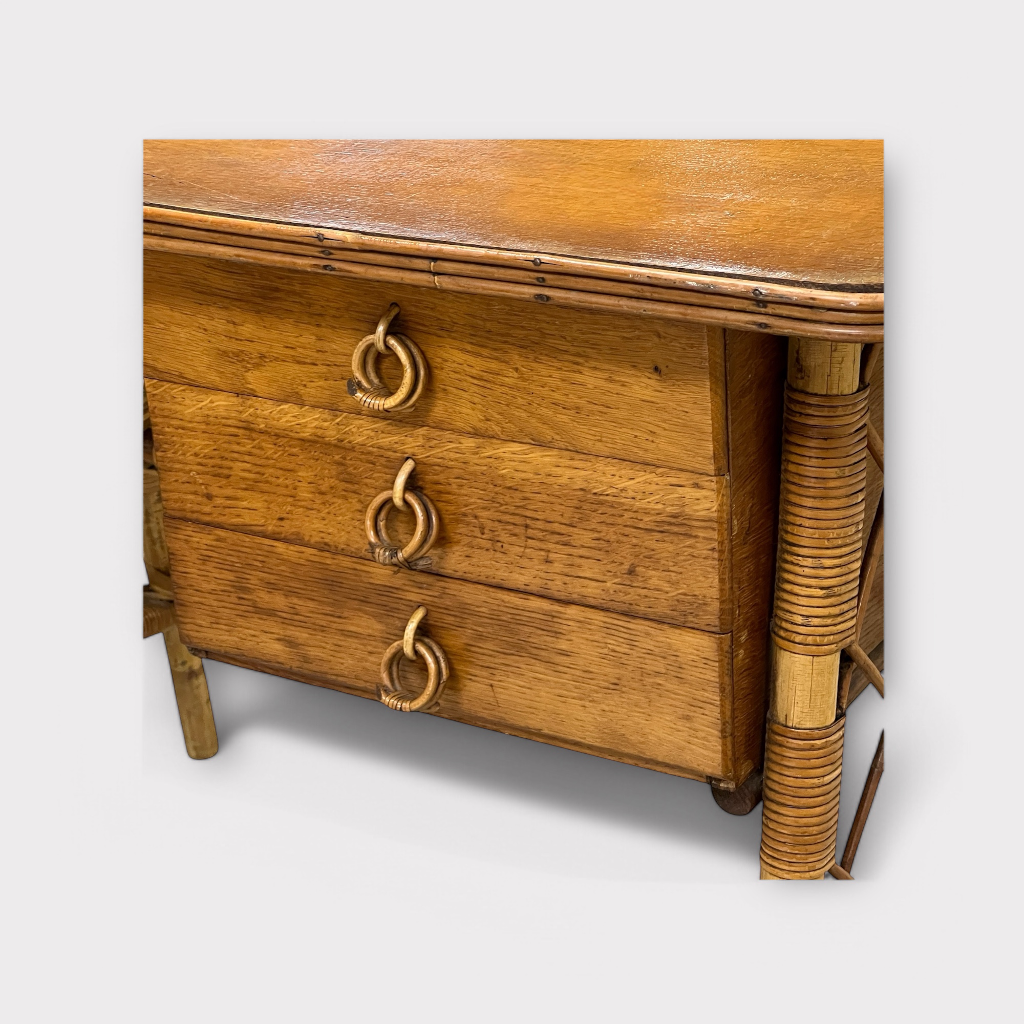 Louis Sognot French Midcentury Bamboo And Oak Topped Desk Or Dressing Table - Image 6