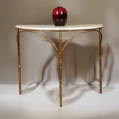 Midcentury Gilt Metal Faux Bamboo Marble Topped Side Or Console Table