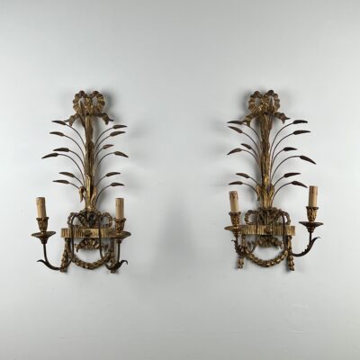 A Pair Of Early C20th Italian Giltwood & Toleware Wall Sconces
