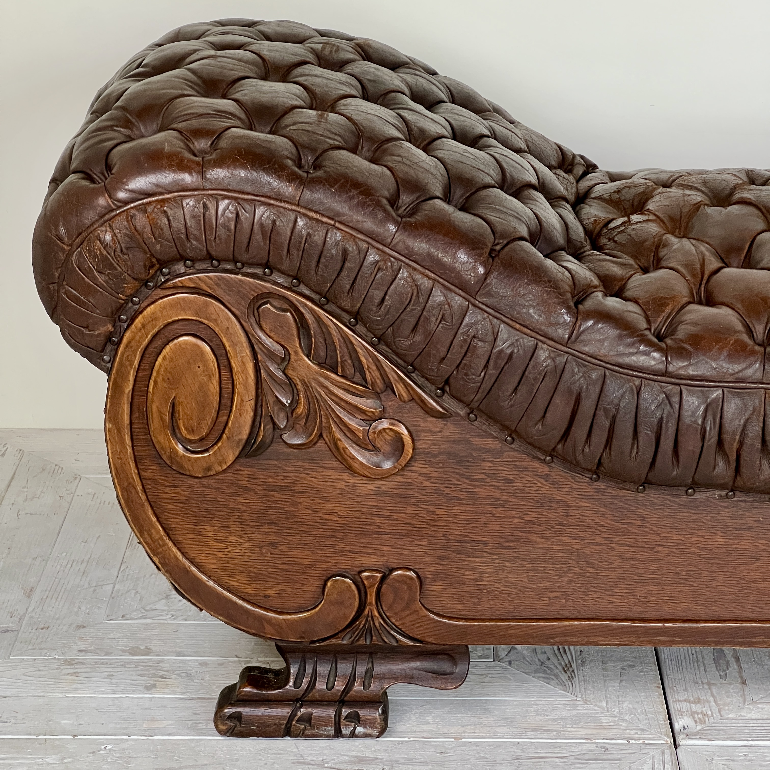 Large French C19th Antique Tufted Brown Leather Chaise Longue - Image 5