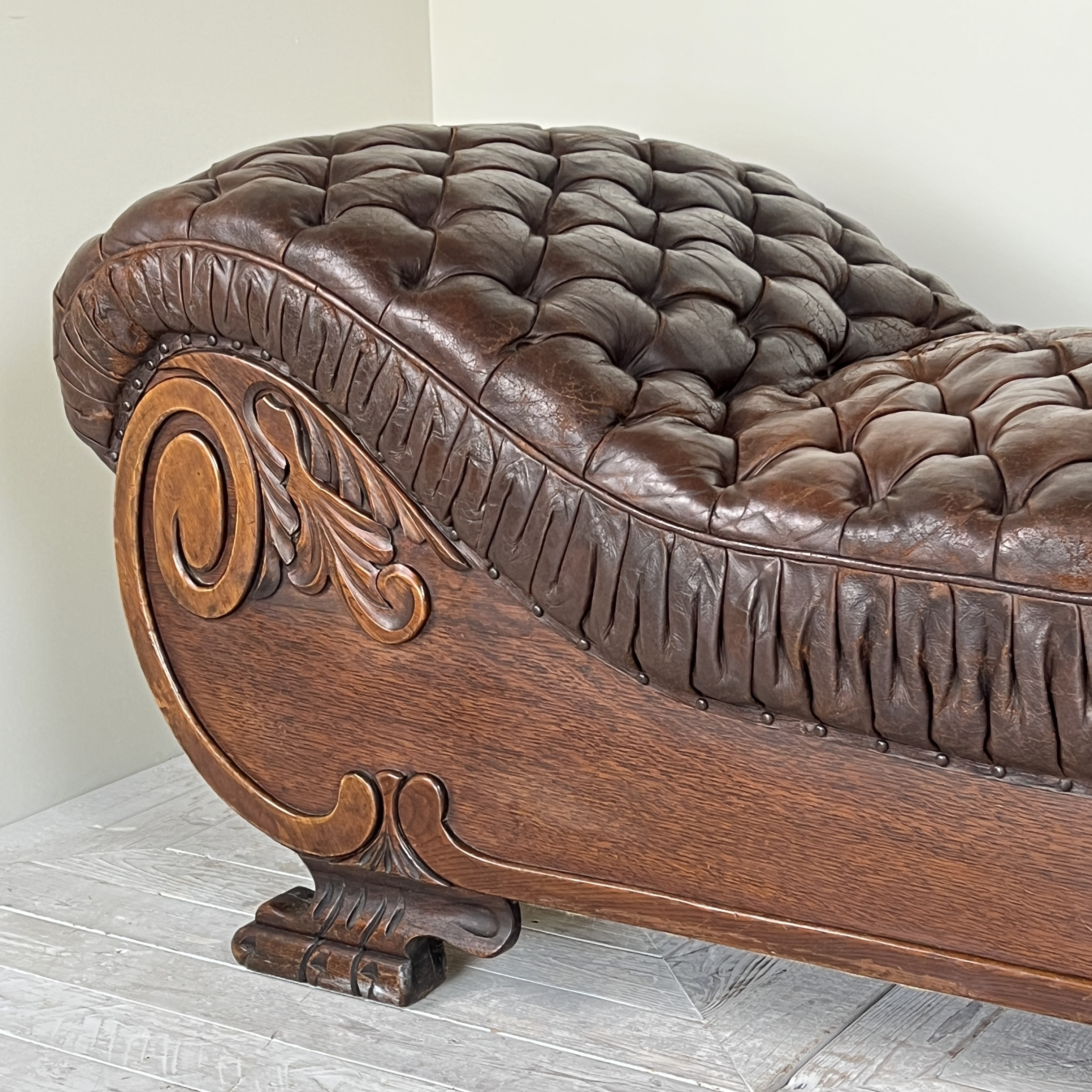 Large French C19th Antique Tufted Brown Leather Chaise Longue - Image 10
