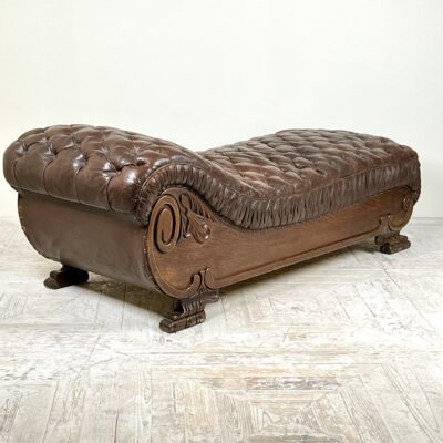 Large French C19th Antique Tufted Brown Leather Chaise Longue