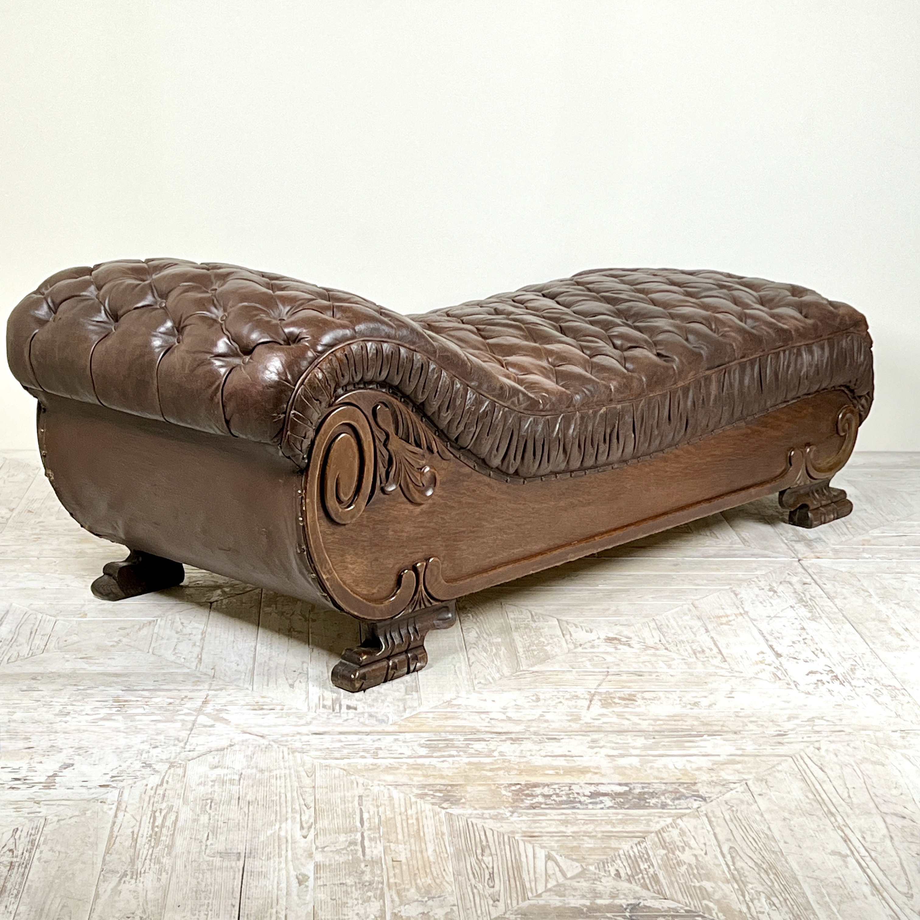 Large French C19th Antique Tufted Brown Leather Chaise Longue
