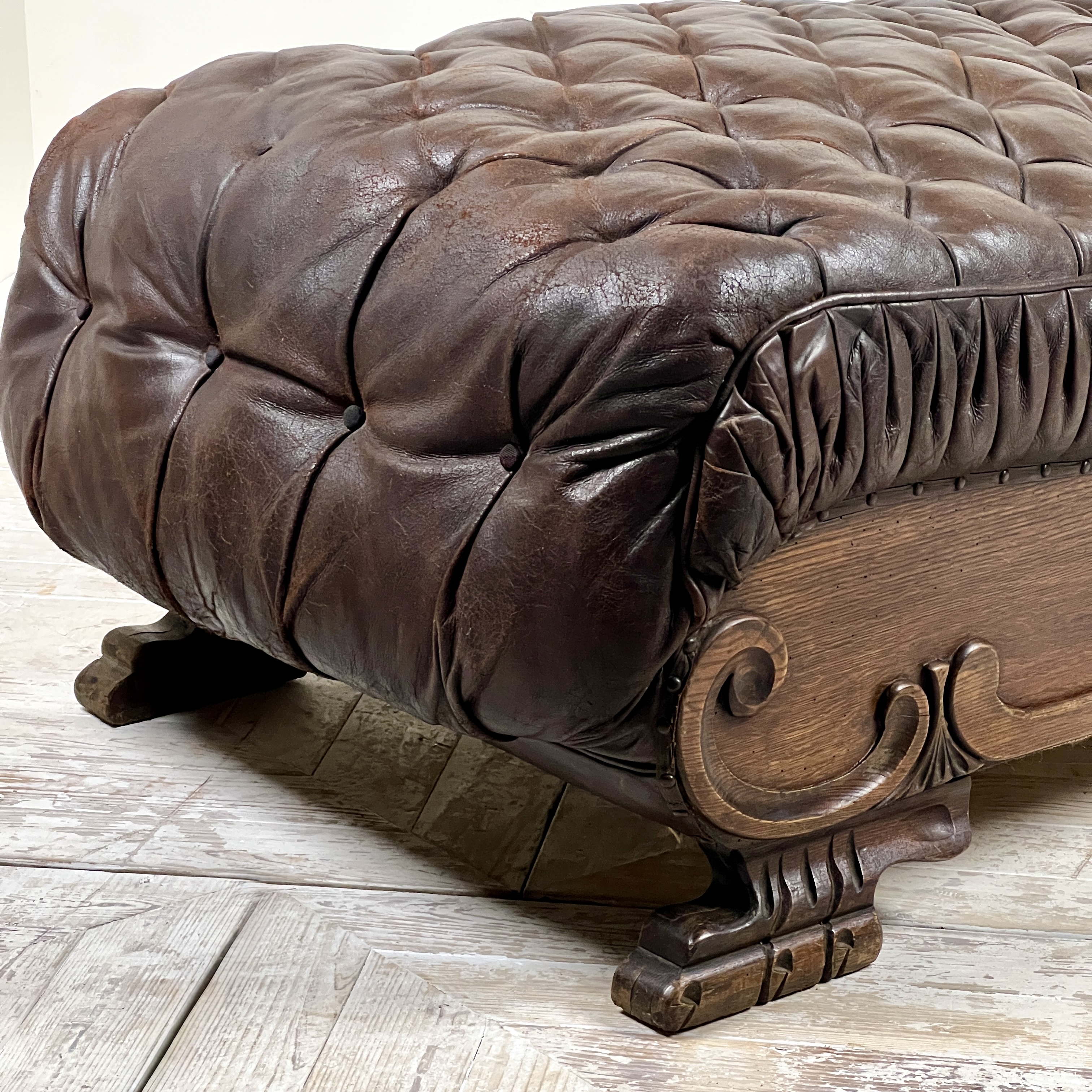 Large French C19th Antique Tufted Brown Leather Chaise Longue - Image 12