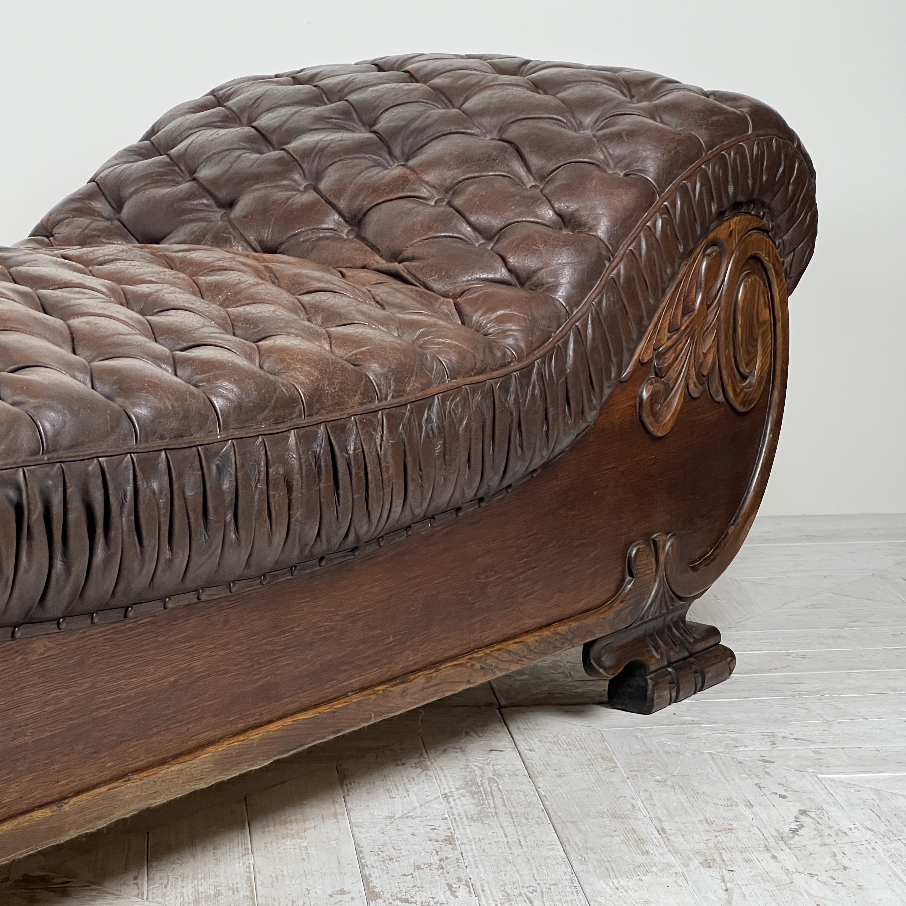 Large French C19th Antique Tufted Brown Leather Chaise Longue - Image 7