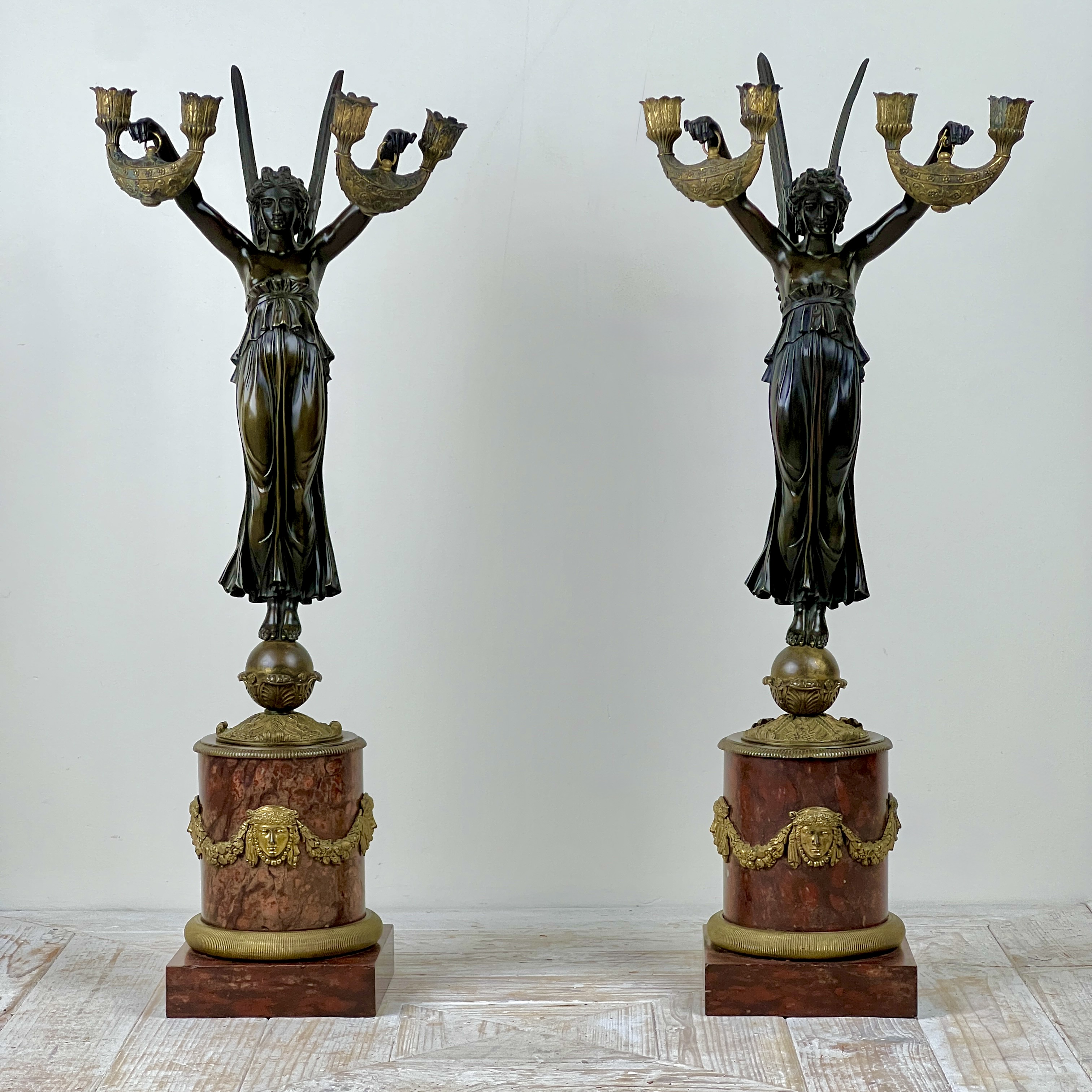 A Pair Of French Empire Patinated Bronze And Marble Candelabra - Image 2