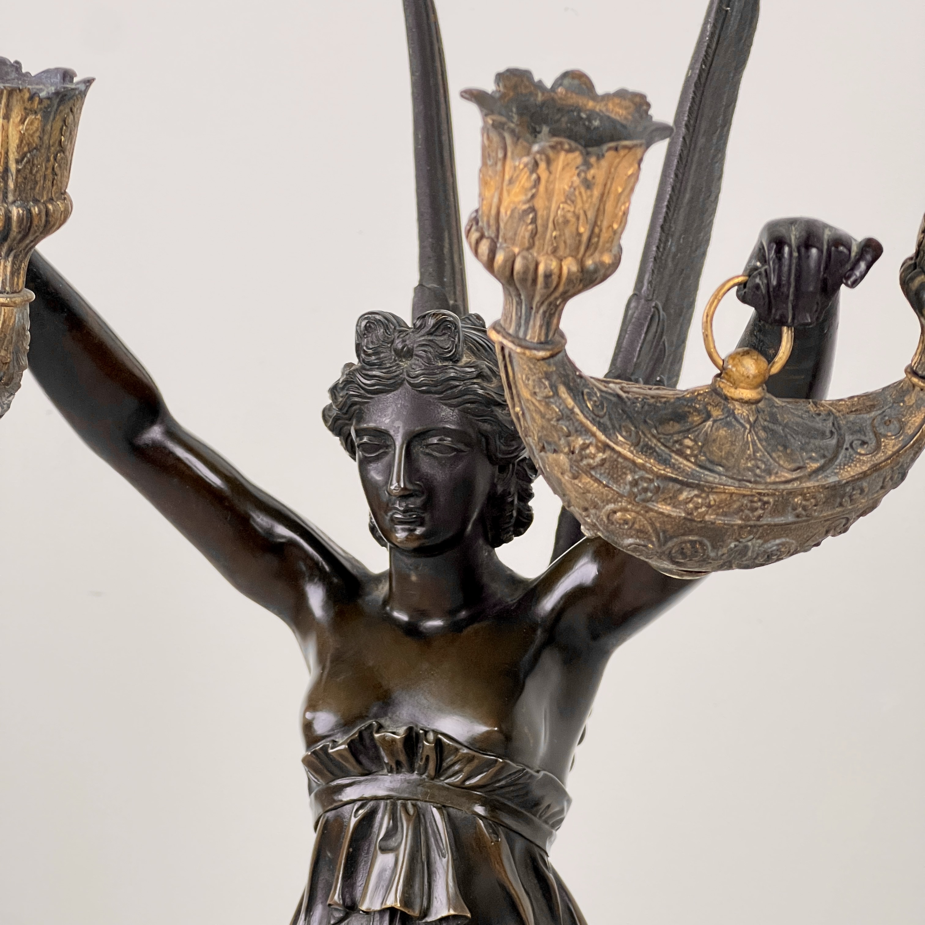 A Pair Of French Empire Patinated Bronze And Marble Candelabra - Image 4