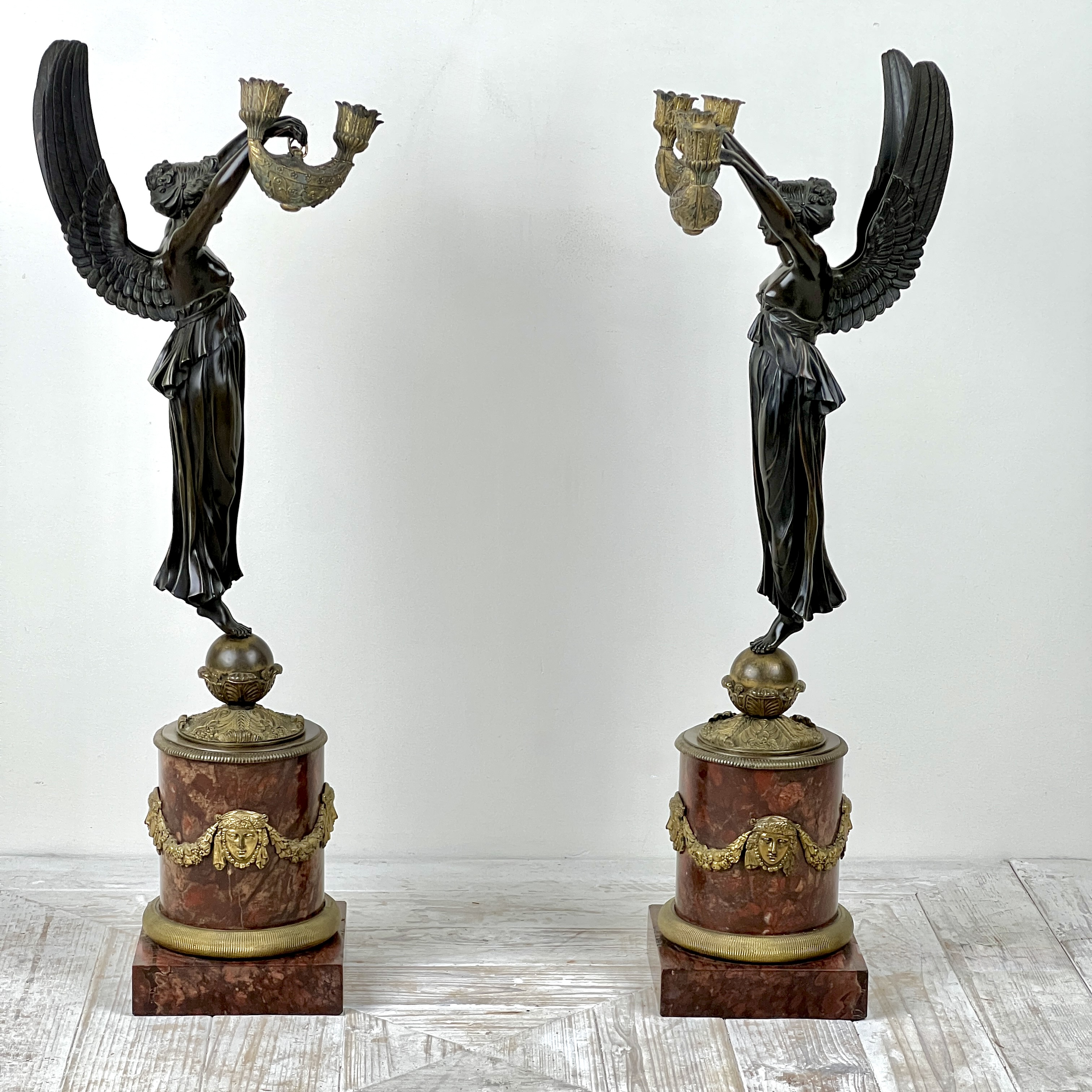 A Pair Of French Empire Patinated Bronze And Marble Candelabra - Image 3