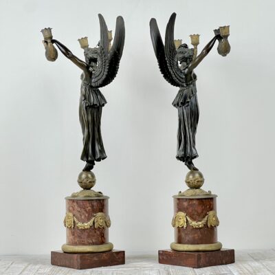 A Pair Of French Empire Patinated Bronze And Marble Candelabra