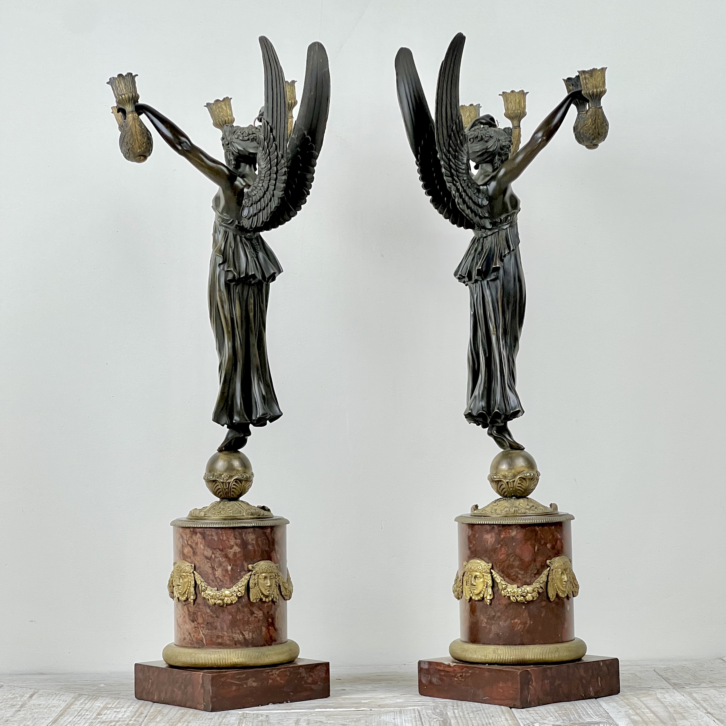 A Pair Of French Empire Patinated Bronze And Marble Candelabra