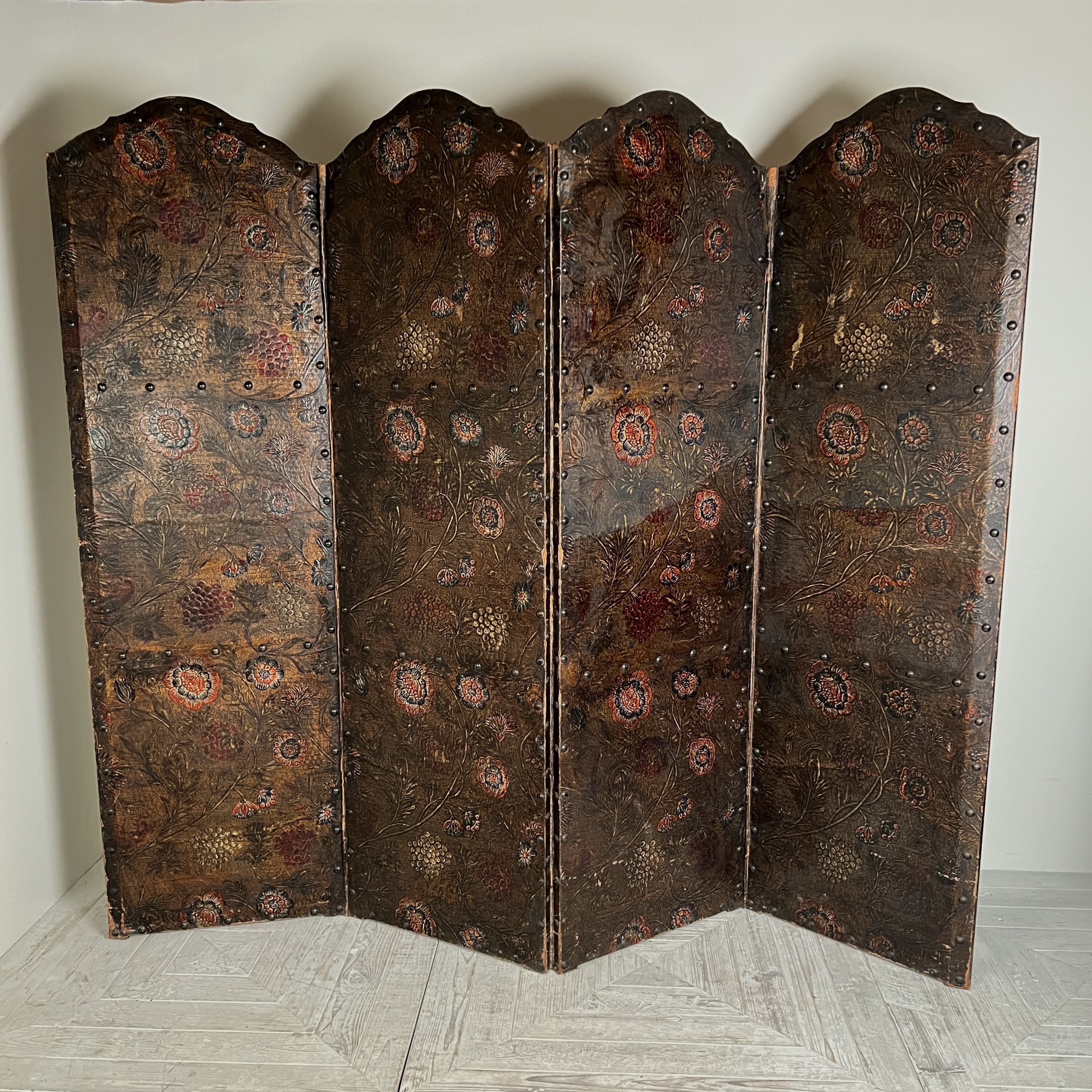 Antique Painted & Embossed Leather Four‑Leaf Dressing Screen Circa 1910 - Image 2