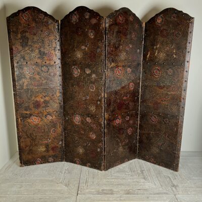 Antique Painted & Embossed Leather Four‑Leaf Dressing Screen Circa 1910