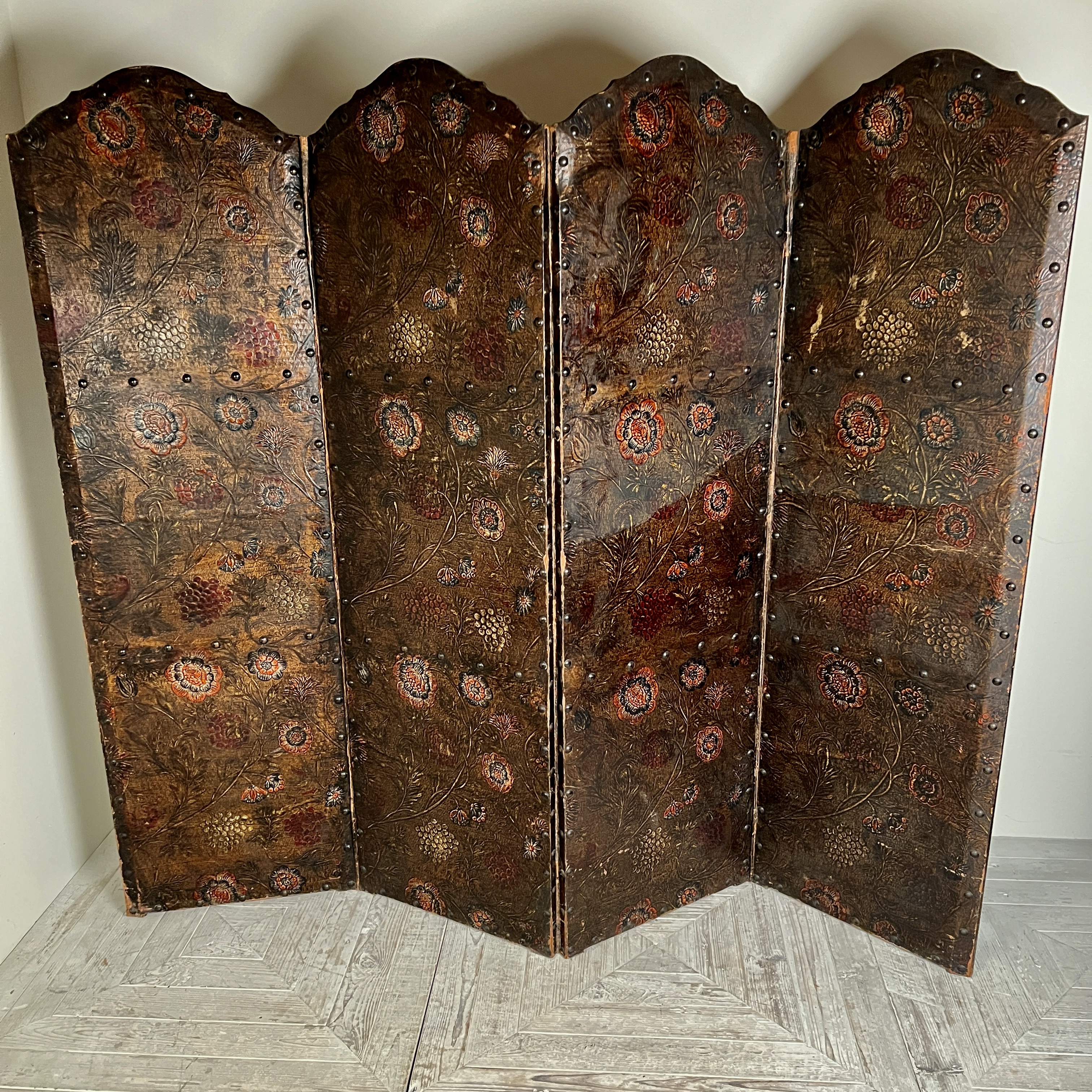 Antique Painted & Embossed Leather Four‑Leaf Dressing Screen Circa 1910 - Image 8