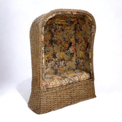 Vintage Wicker Porters Chair Upholstered In Mulberry Rococo Linen