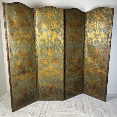 Antique Painted Embossed Leather Four-Fold Dressing or Screen Room Divider