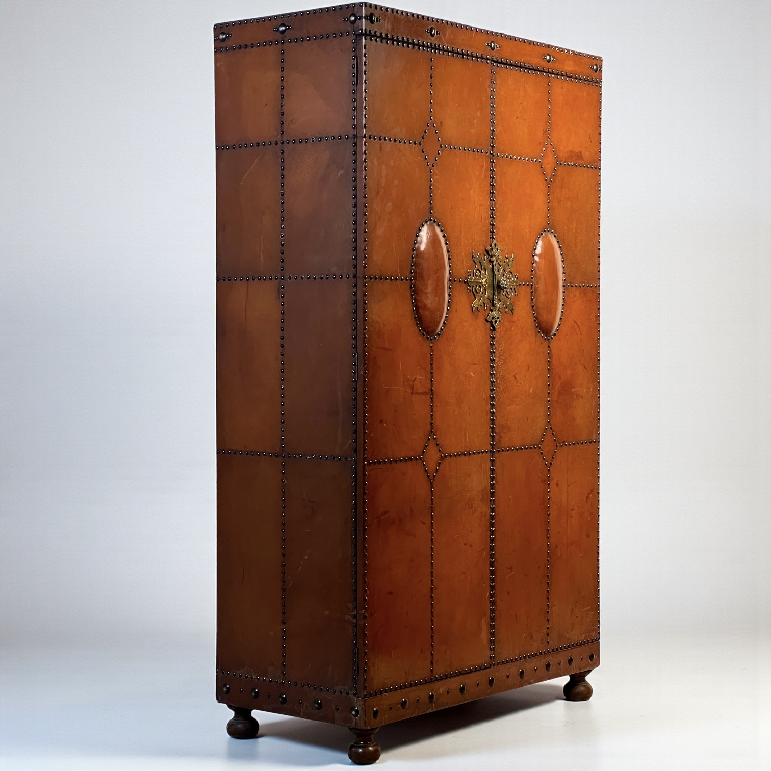 1920S–30S Spanish Leather Wardrobe With Studwork And Brass Lock