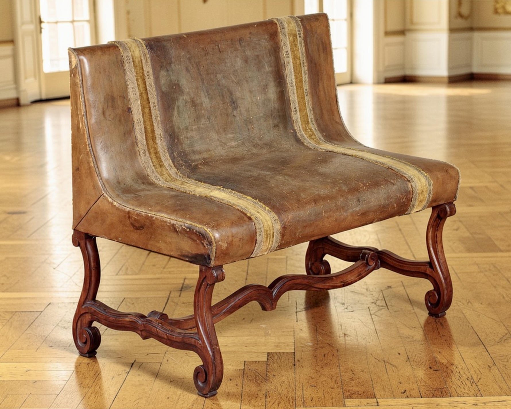 French Belle Époque Leather Banquette Sofa Circa 1900, With Velvet Trim