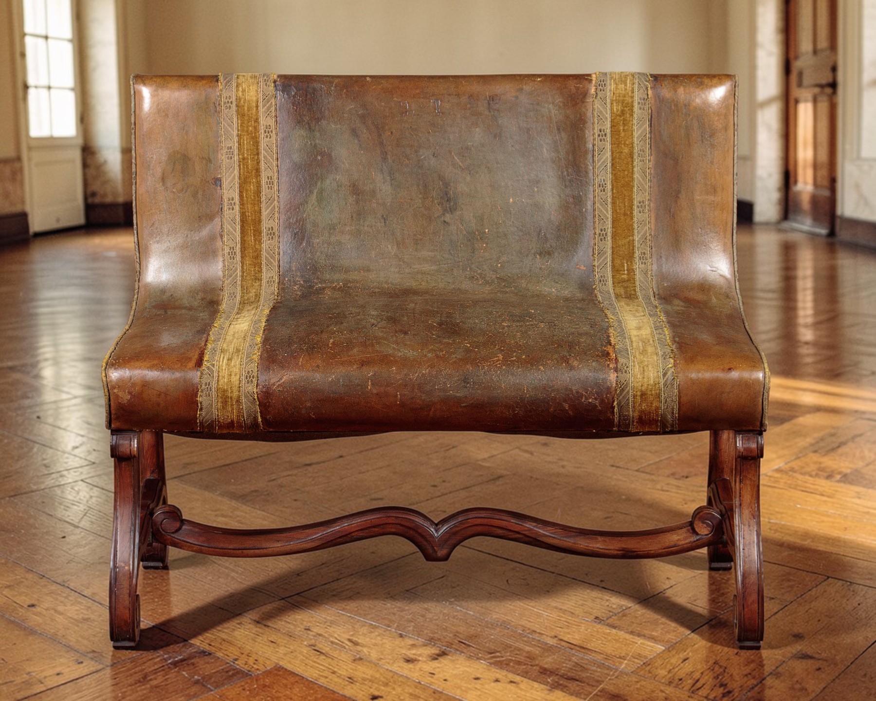 French Belle Époque Leather Banquette Sofa Circa 1900, With Velvet Trim - Image 2