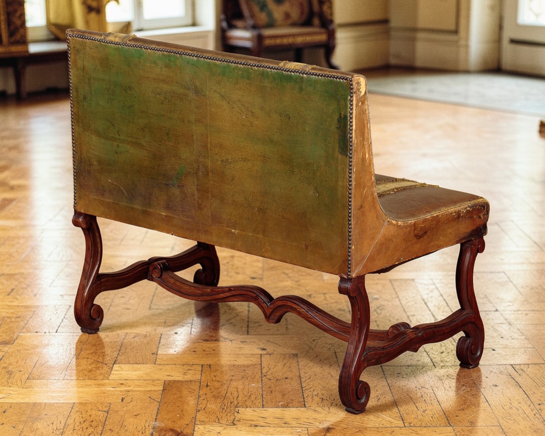 French Belle Époque Leather Banquette Sofa Circa 1900, With Velvet Trim - Image 3
