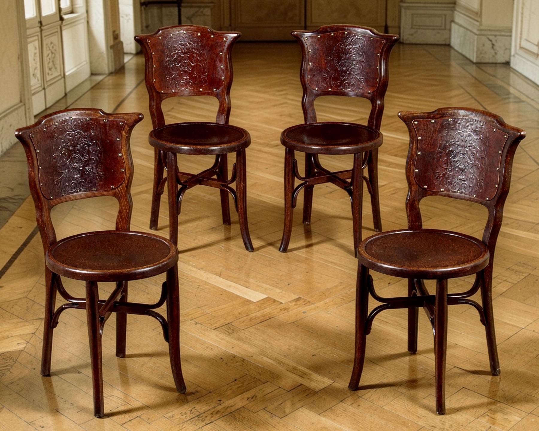 Rare Set Of Four Embossed Thonet Or J & J Kohn Bentwood Chairs, Circa 1900