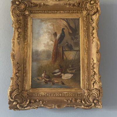 19Th Century Naive Folk Art Oil Painting Of Birds By The Water’s Edge
