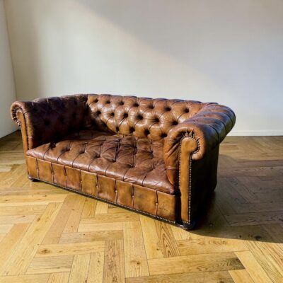 Antique Chesterfield Sofa 2 Seater Brown Leather Button Tufted Classic