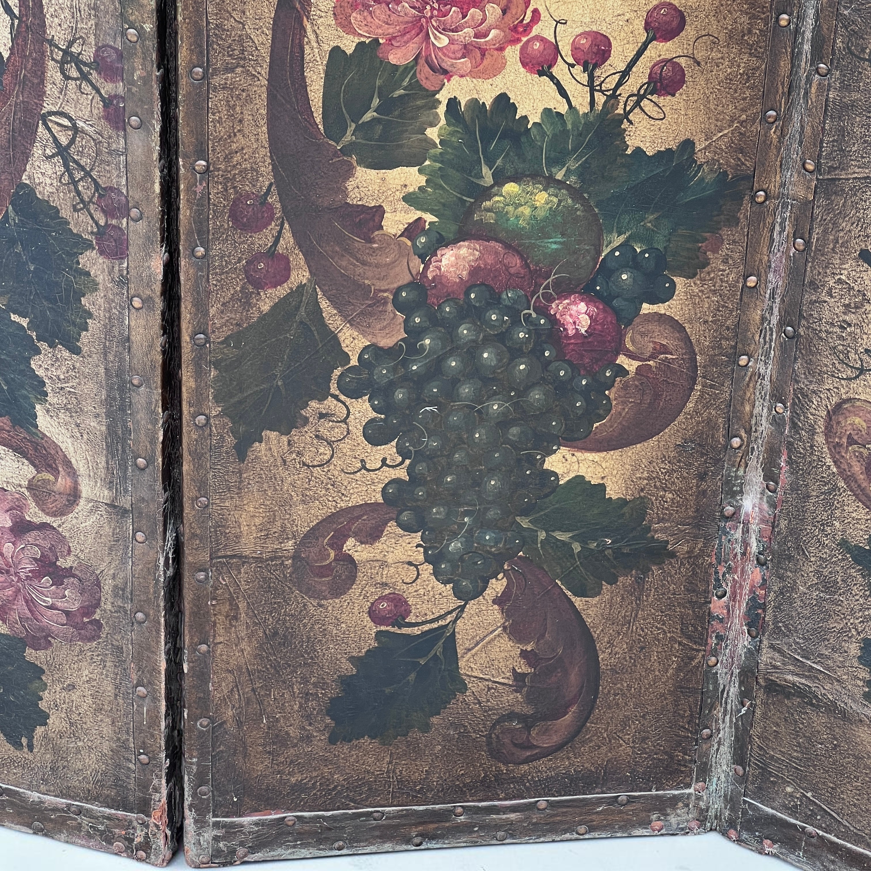 Antique French Hand Painted Four Fold Leather Room Divider Screen - Image 7