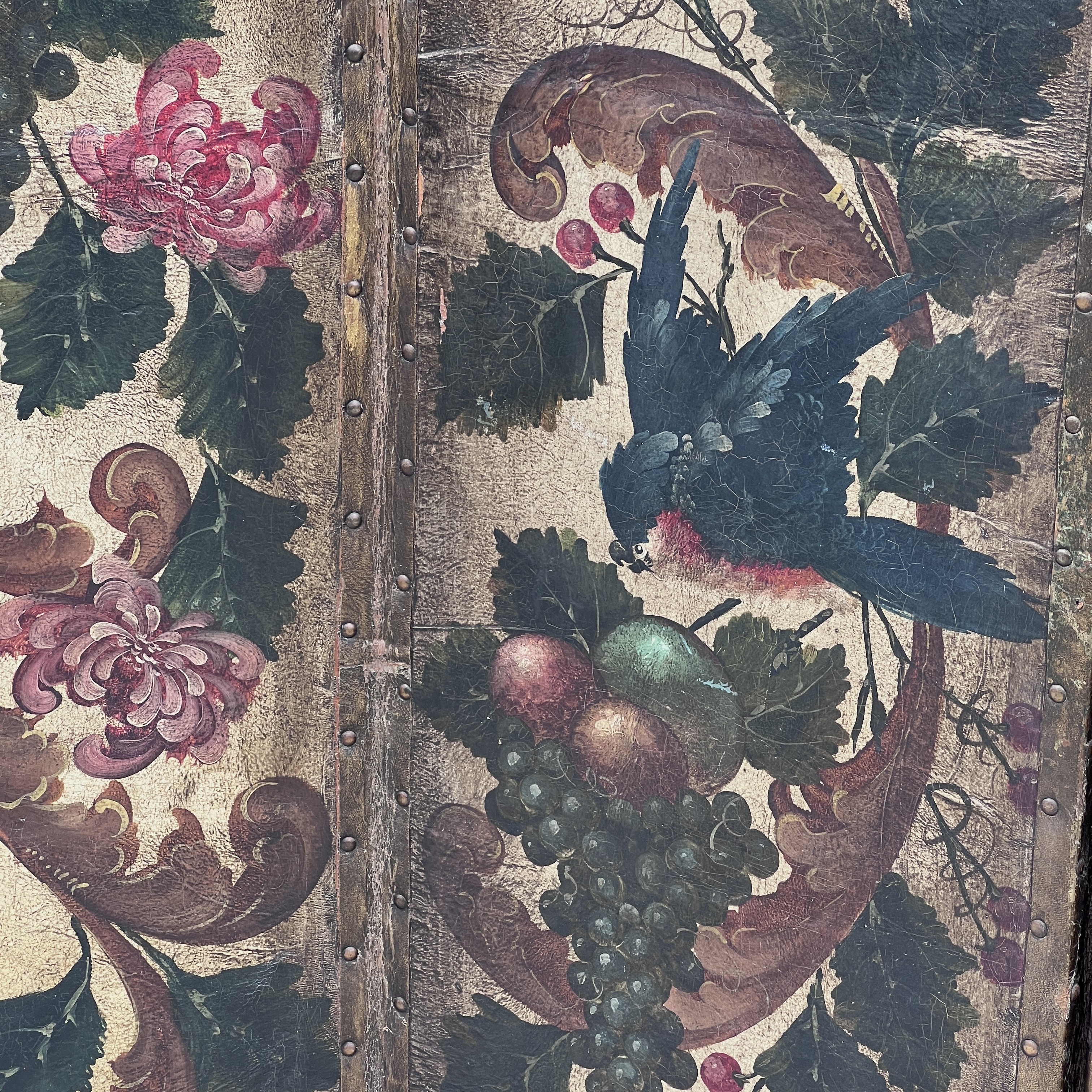 Antique French Hand Painted Four Fold Leather Room Divider Screen - Image 6
