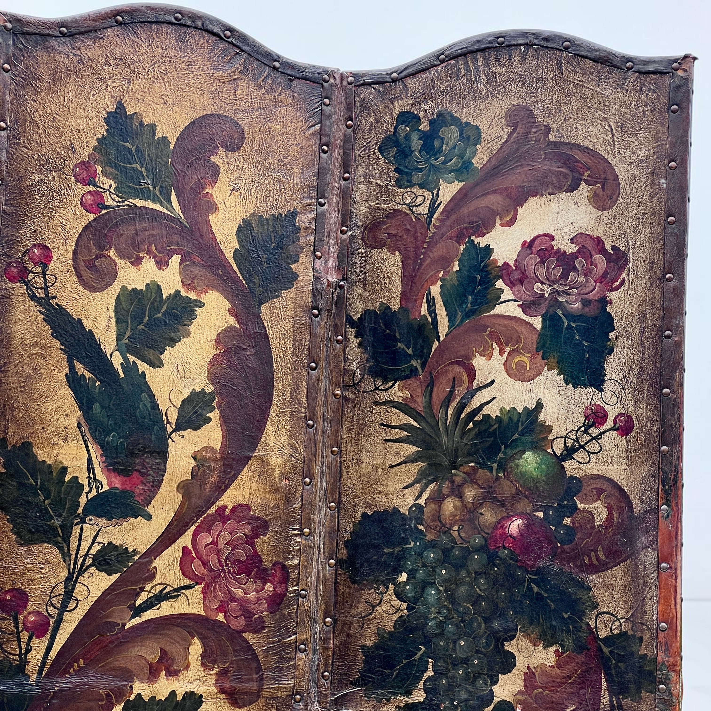 Antique French Hand Painted Four Fold Leather Room Divider Screen - Image 8