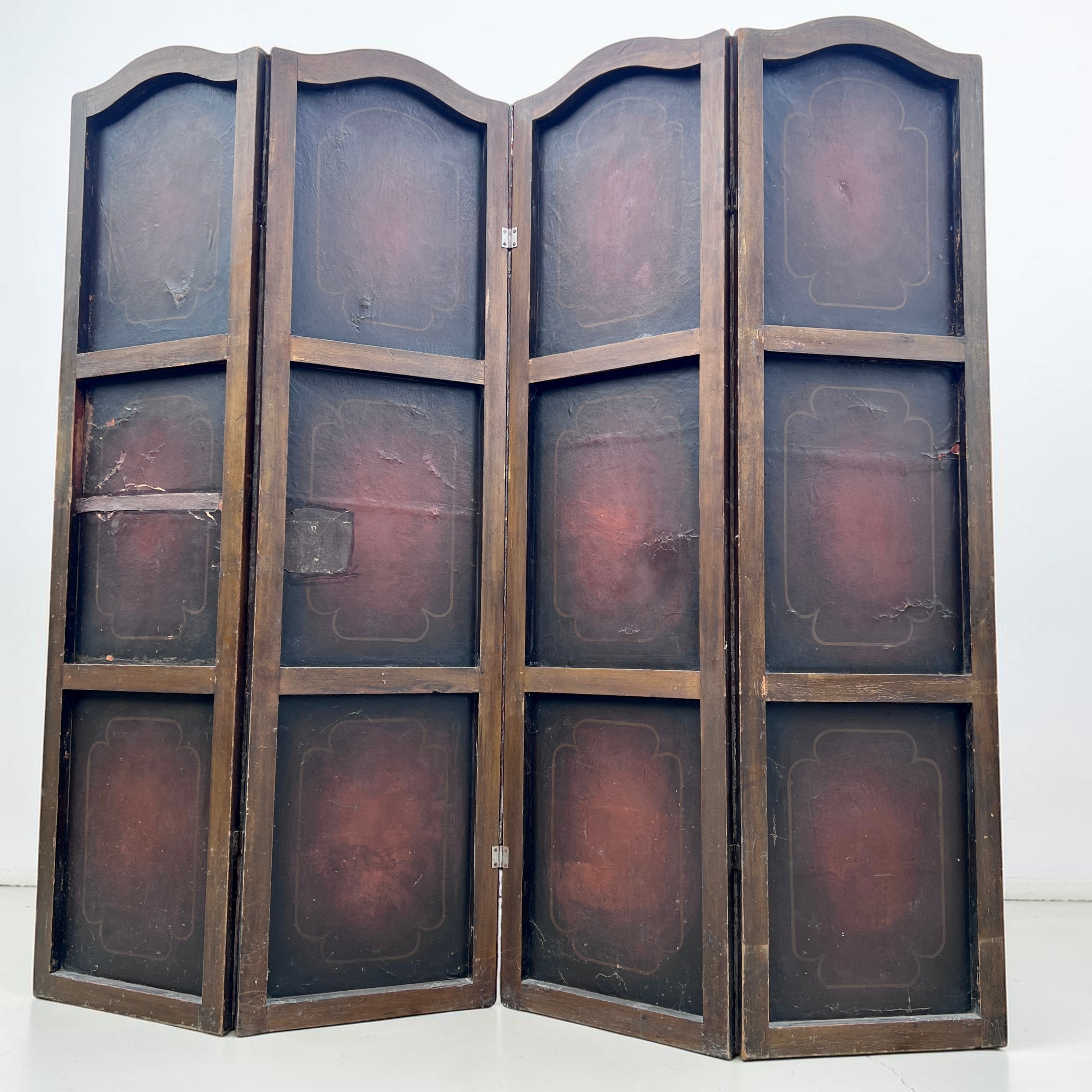 Antique French Hand Painted Four Fold Leather Room Divider Screen - Image 4