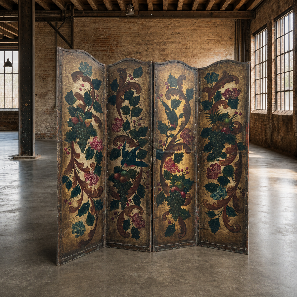 Antique French Hand Painted Four Fold Leather Room Divider Screen