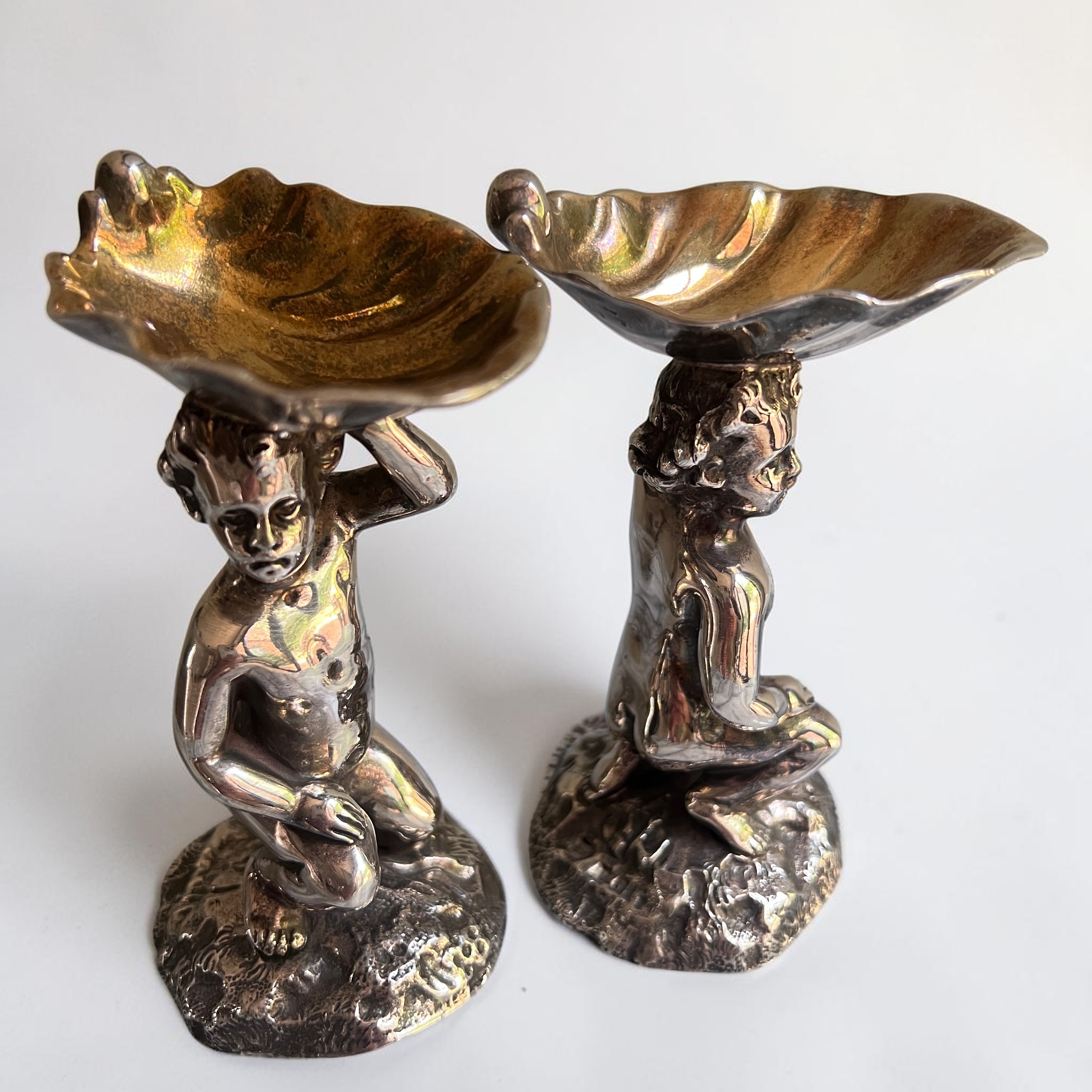 Pair Elkington Silver Plate Figural Salts, Gilt Lined, Circa 1900