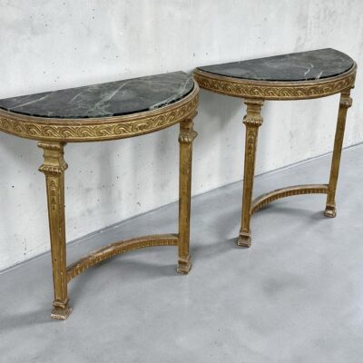 Pair C19th Giltwood Demilune Marble Console Tables, Louis XVI Revival
