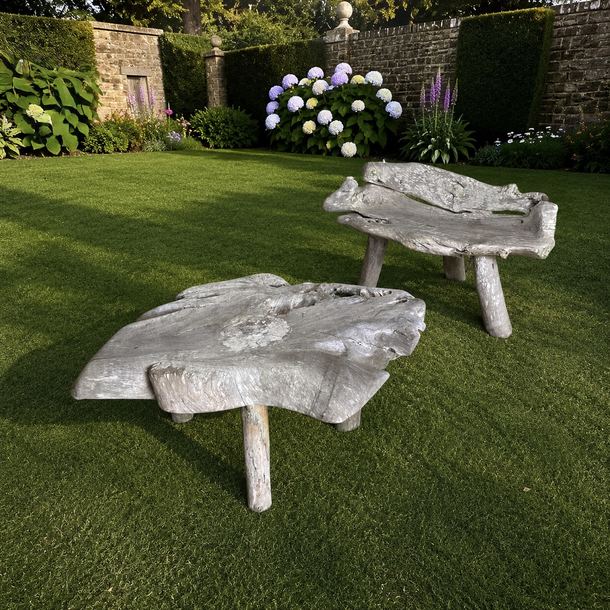 Weathered Sculptural Root Wood Garden Bench & Table