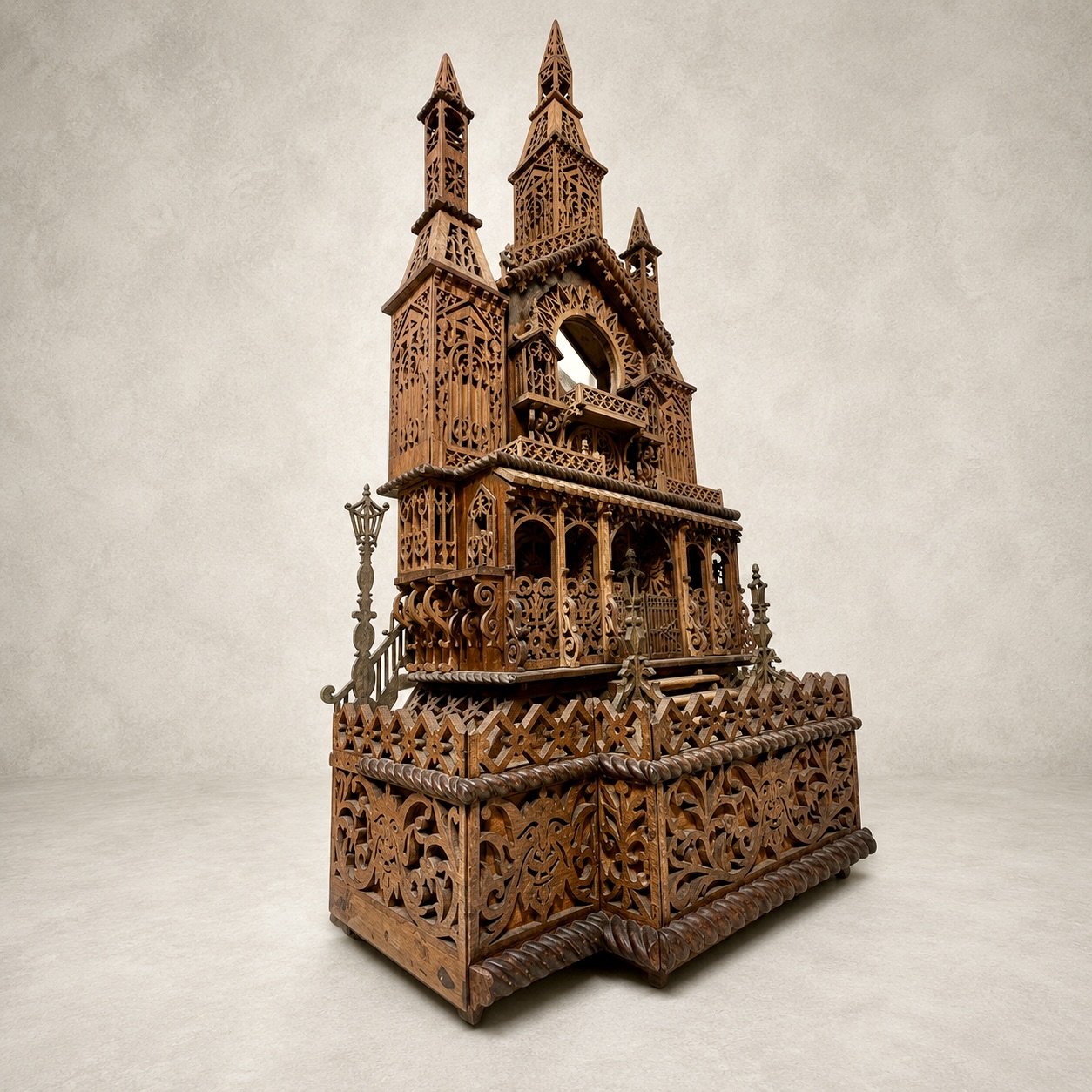 Large architectural fretwork clock case, late 19th/early 20th century, carved wood 99cm - Image 3