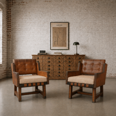 A Pair Of French Leather Button-Back Armchairs, Circa 1930's /40'S