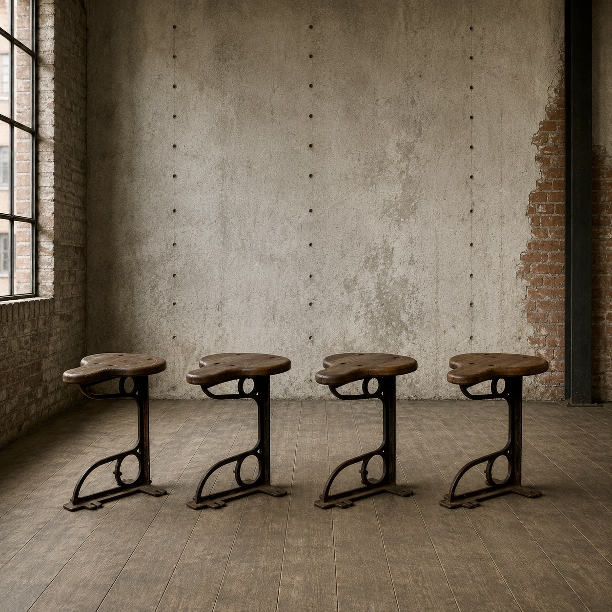 Set of Four Industrial Machinist Stools, Cast Iron & Pitch Pine, c.1900