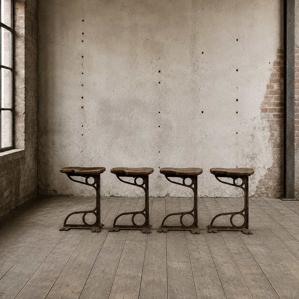 Set of Four Industrial Machinist Stools, Cast Iron & Pitch Pine, c.1900 - Image 4