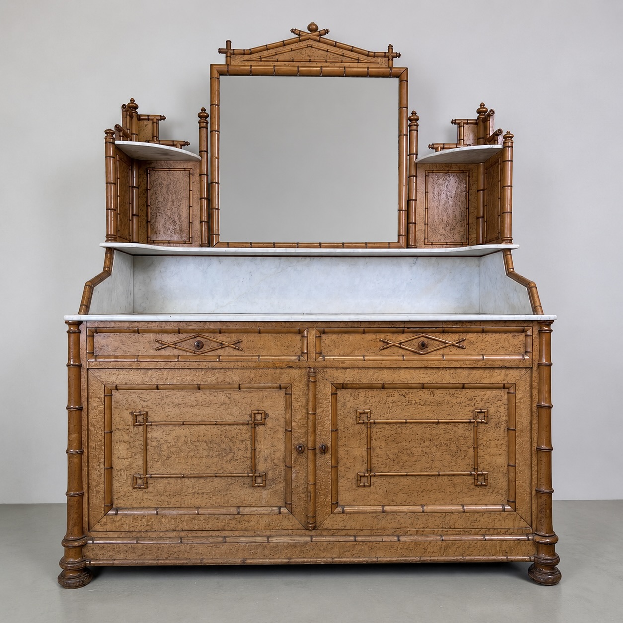 French Faux‑Bamboo Bird’s‑Eye Maple Marble Washstand, c.1890