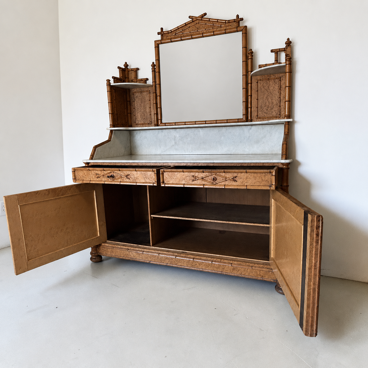 French Faux‑Bamboo Bird’s‑Eye Maple Marble Washstand, c.1890 - Image 10