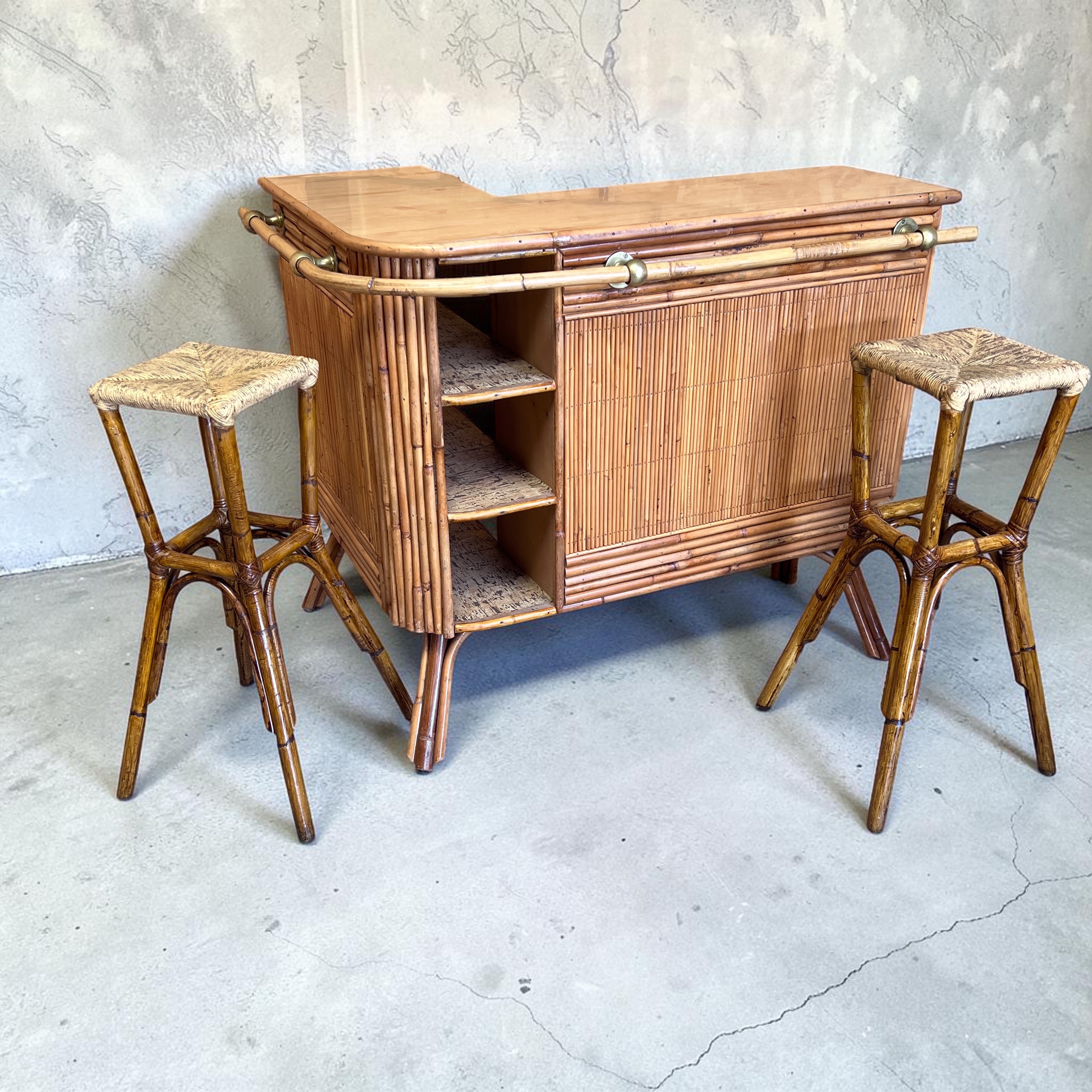 French Mid-Century Bamboo Tiki Bar with Pair of Stools - Image 2