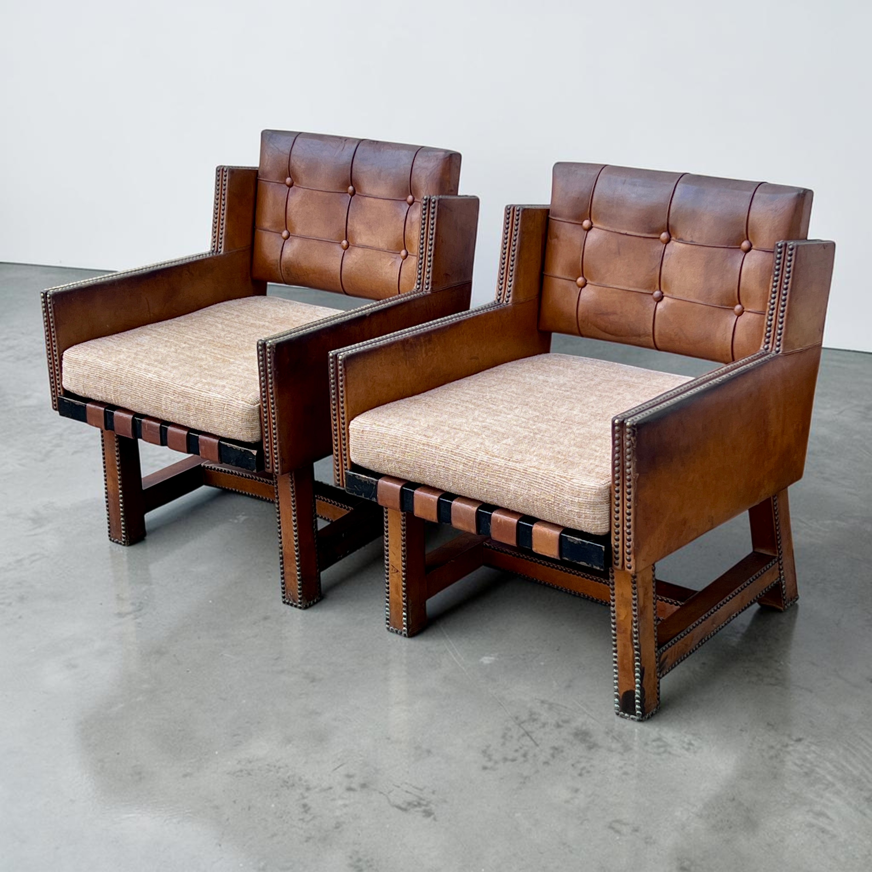 A Pair Of French Leather Button-Back Armchairs, Circa 1930's /40'S - Image 4
