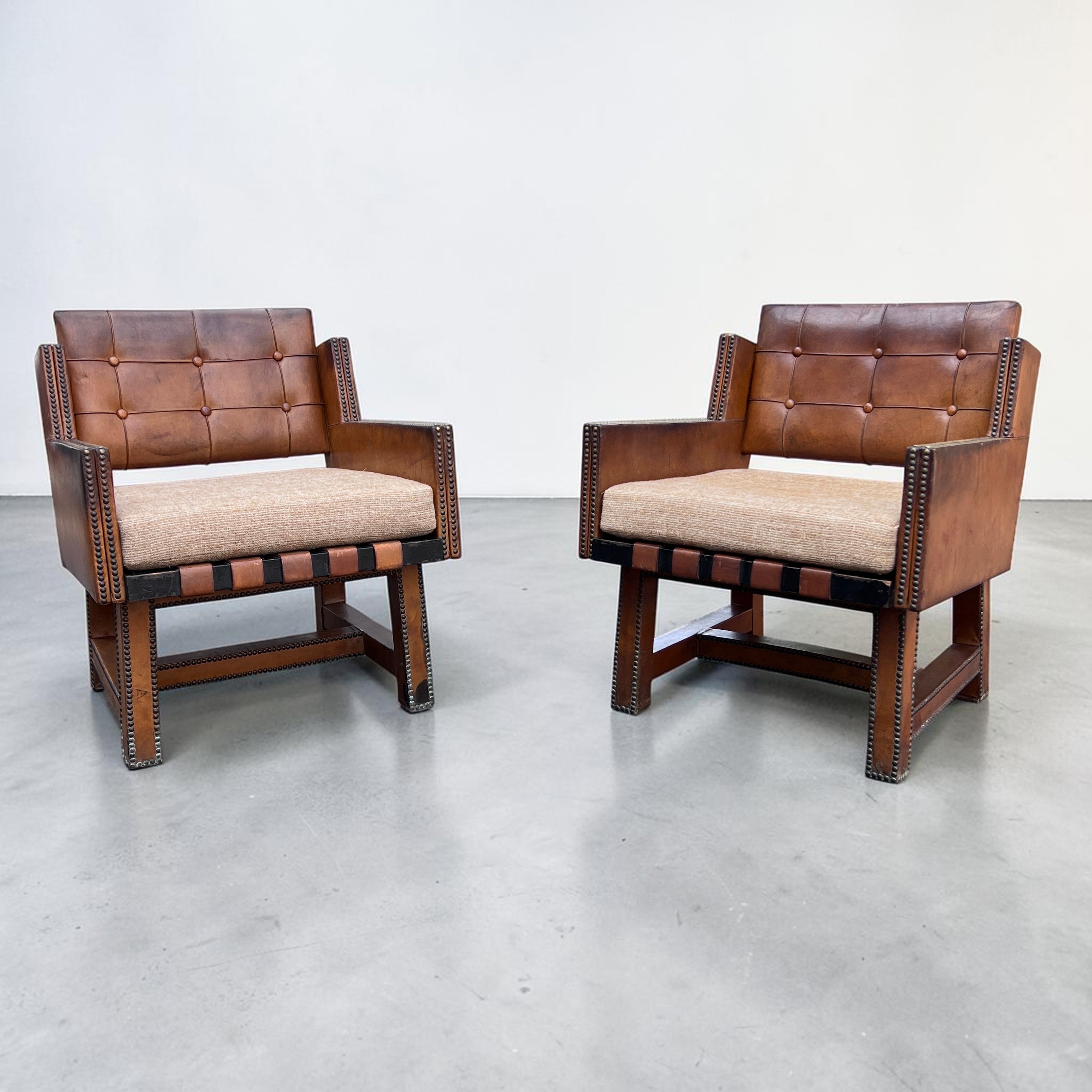 A Pair Of French Leather Button-Back Armchairs, Circa 1930's /40'S - Image 8