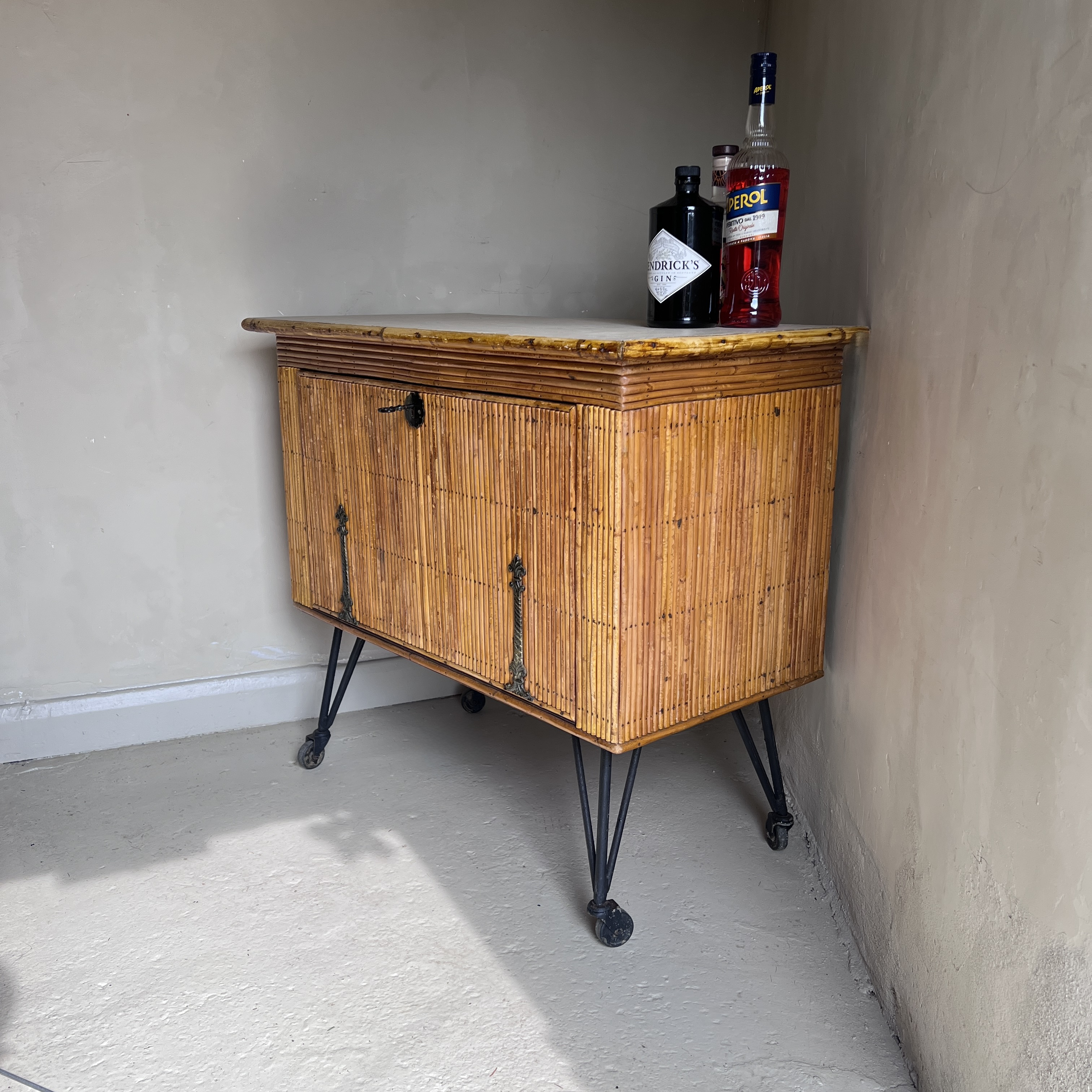 French Mid‑Century Bamboo Drinks Cabinet on Cast‑Iron Legs