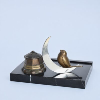 Art Deco Black Marble & Bronze Desk Tidy with Bird and Crescent Moon, c.1930
