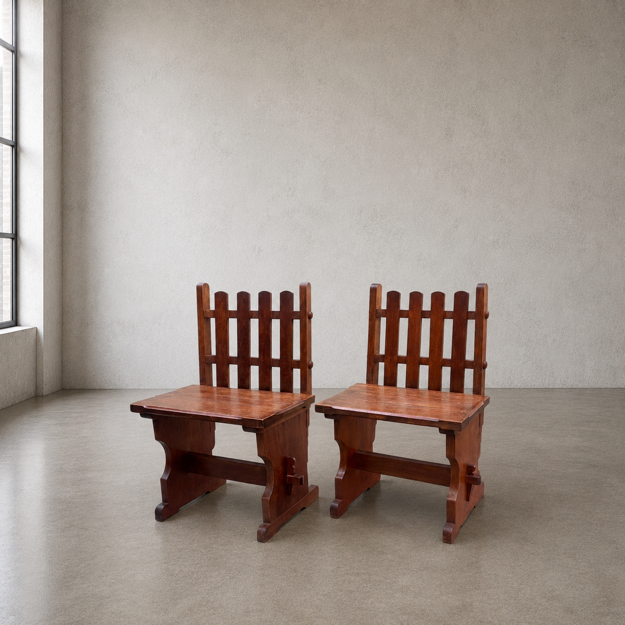 Pair of Handcrafted Solid Mahogany Brutalist Arts & Crafts Chairs - Image 3