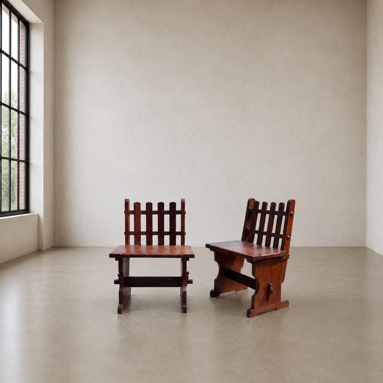 Pair of Handcrafted Solid Mahogany Brutalist Arts & Crafts Chairs