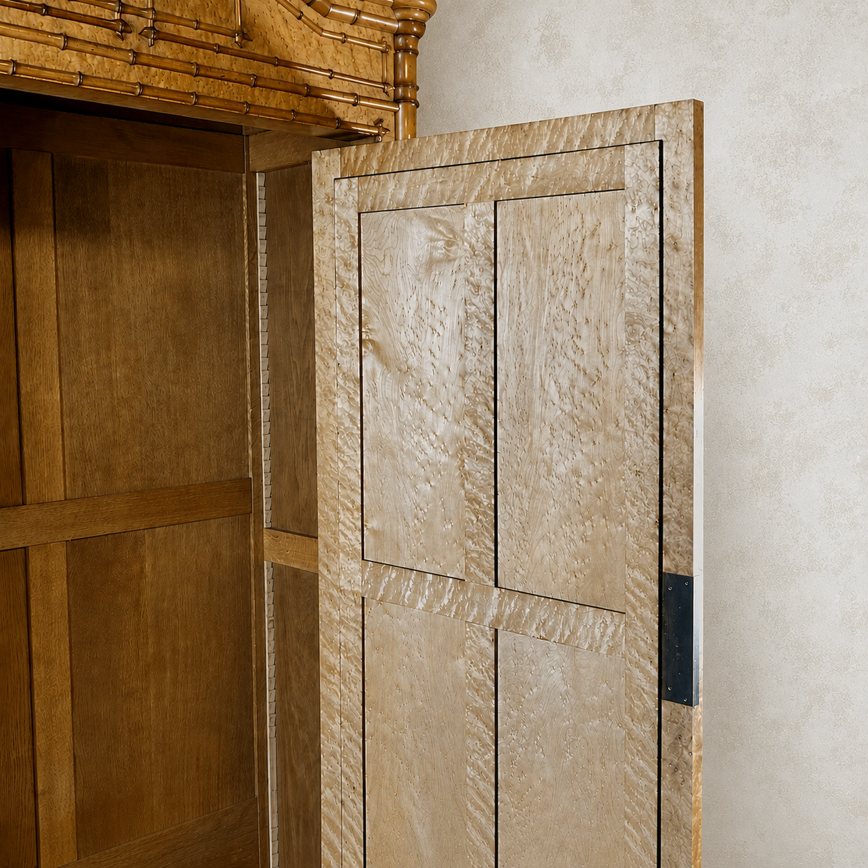 French Bird’s‑Eye Maple Faux Bamboo Mirrored Armoire, Circa 1900 - Image 4