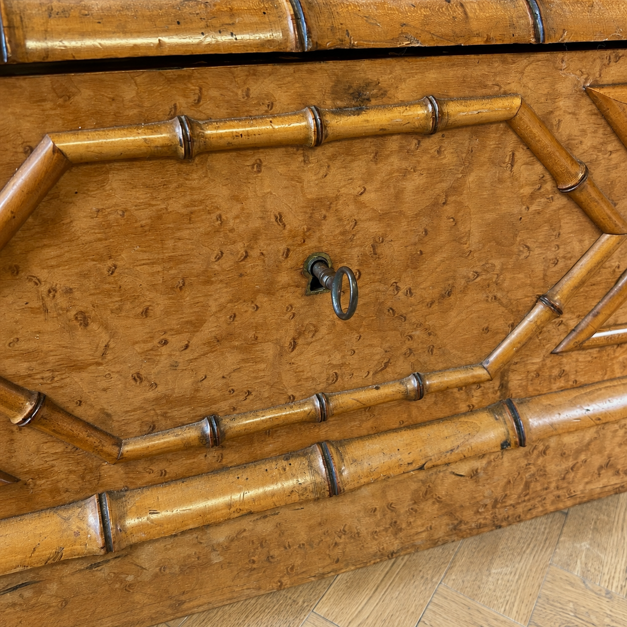French Bird’s‑Eye Maple Faux Bamboo Mirrored Armoire, Circa 1900 - Image 7