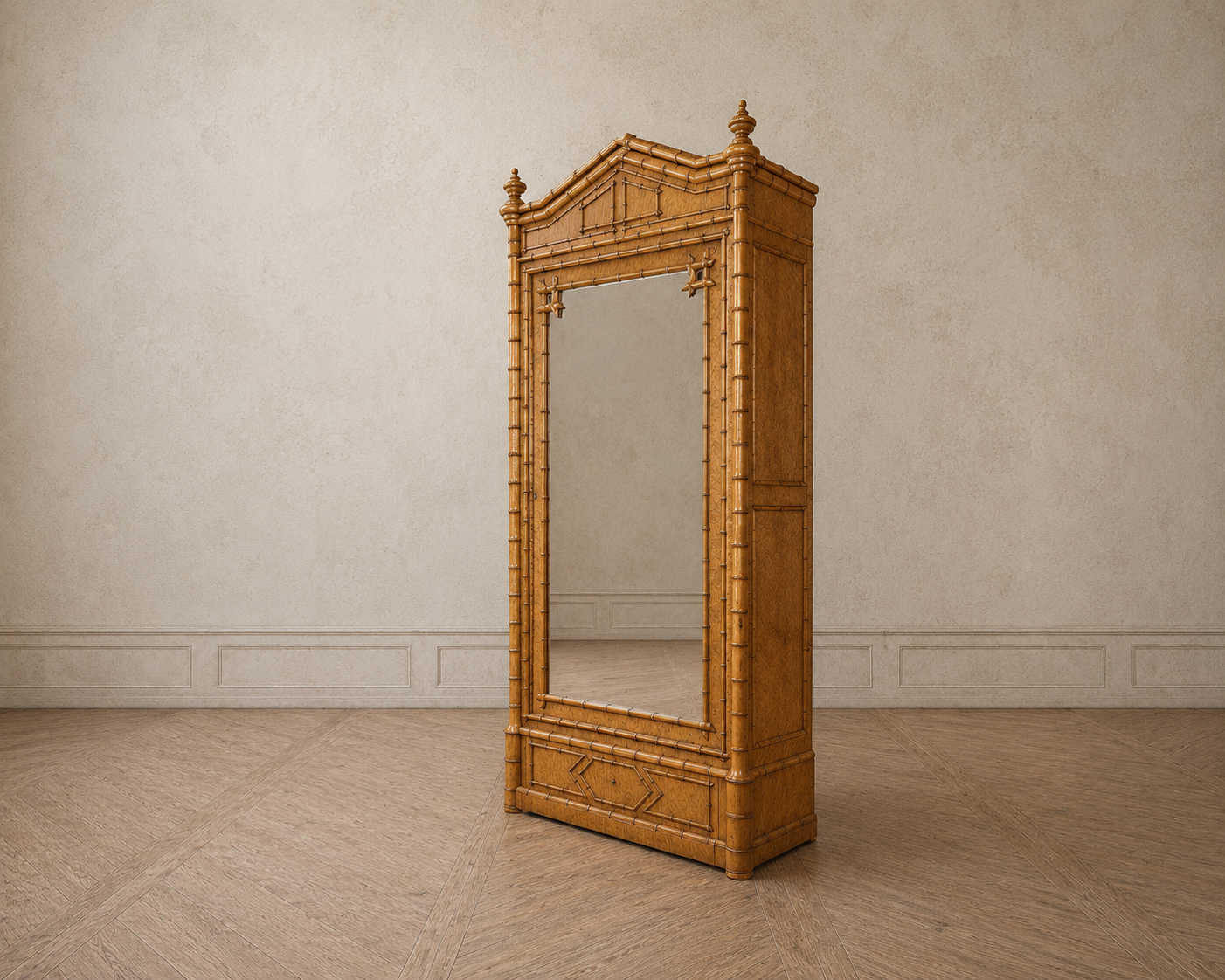 French Bird’s‑Eye Maple Faux Bamboo Mirrored Armoire, Circa 1900 - Image 2